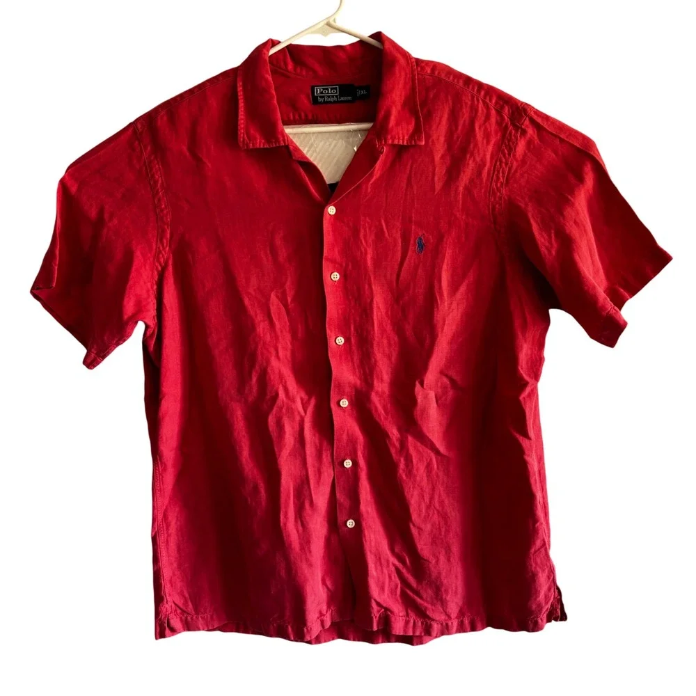 Polo Ralph Lauren Shirt Mens XL Pink Linen Silk Herringbone Short Sleeve Button